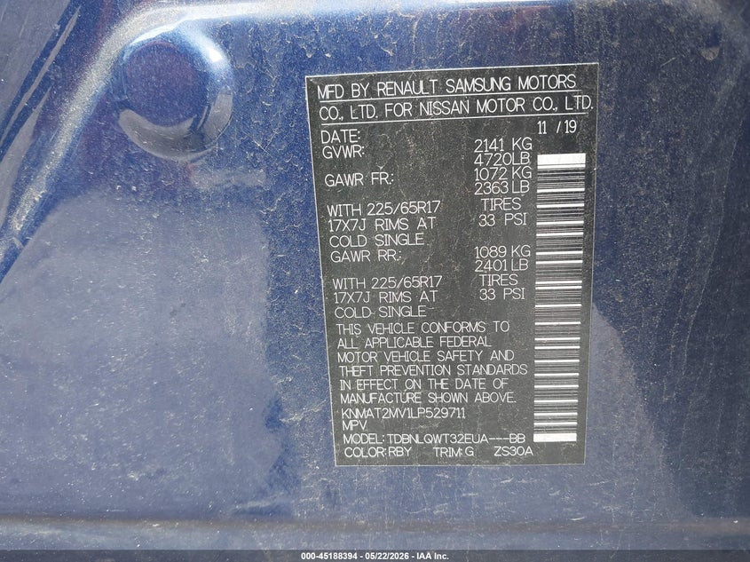 2020 Nissan Rogue VIN KNMAT2MV1LP529711 IAAI salvage auction — FRONT END, Salvage (Idaho), sold $3,250 on 2026-07-10 (photo 9)