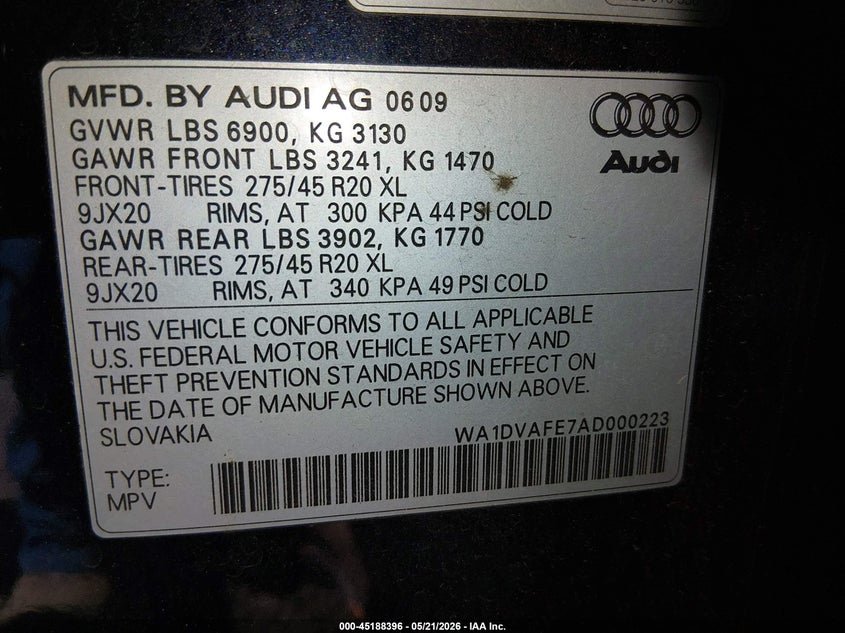2010 Audi Q7 VIN WA1DVAFE7AD000223 IAAI salvage auction — UNKNOWN, Salvage (Texas), sold $500 on 2026-07-29 (photo 9)