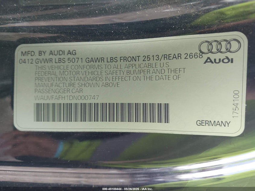 2013 Audi A5 VIN WAUVFAFH1DN000747 IAAI salvage auction — FRONT END, Clear (Oklahoma), sold $1,200 on 2026-07-15 (photo 9)