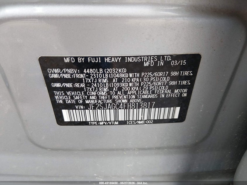 2015 Subaru Forester VIN JF2SJAGC4FH813817 IAAI salvage auction — ROLLOVER, Salvage Title, sold $250 on 2026-07-08 (photo 9)