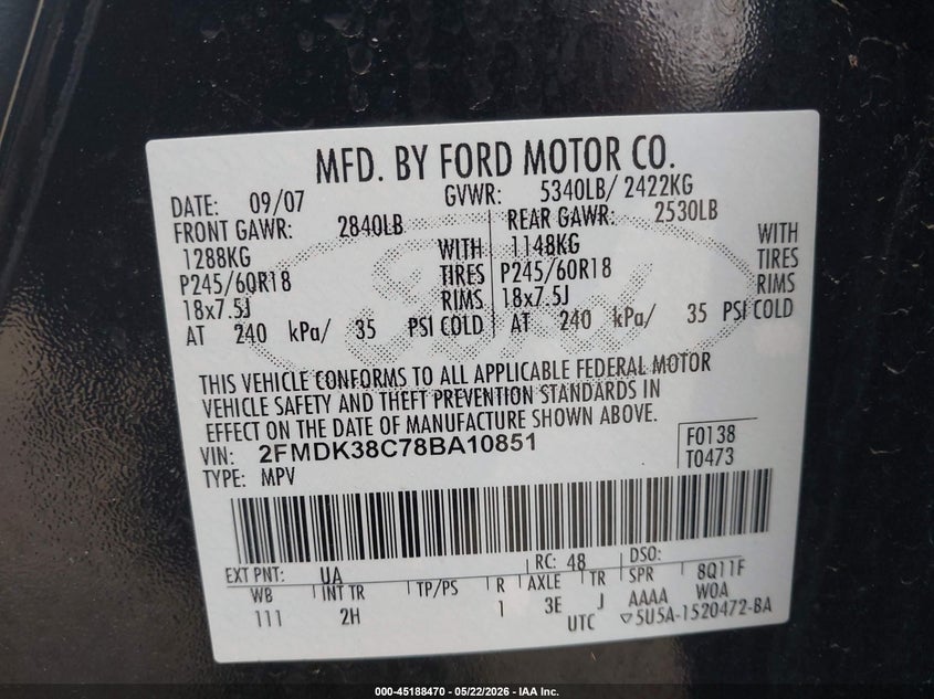 2008 Ford Edge VIN 2FMDK38C78BA10851 IAAI salvage auction — FRONT END, Salvage (Illinois), sold $400 on 2026-07-09 (photo 9)