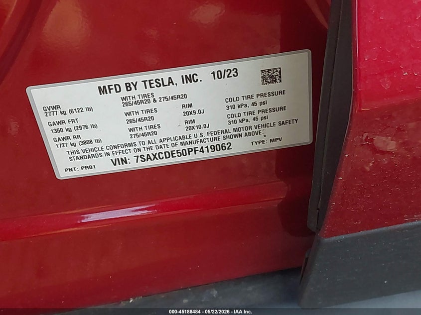 2023 Tesla Model x VIN 7SAXCDE50PF419062 IAAI salvage auction — RIGHT FRONT, Mv-907A (New York), sold $24,125 on 2026-07-30 (photo 9)