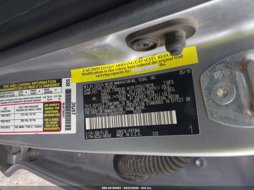 2010 Toyota Tundra VIN 5TFEY5F19AX093931 IAAI salvage auction — REAR END, Original (Texas), sold $25 on 2026-07-29 (photo 9)