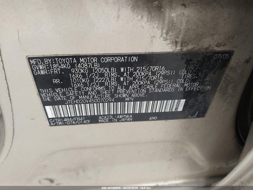 2005 Toyota Rav4 VIN JTEHD20V450070294 IAAI salvage auction — NORMAL WEAR, Clear (Illinois), sold $525 on 2026-07-15 (photo 9)
