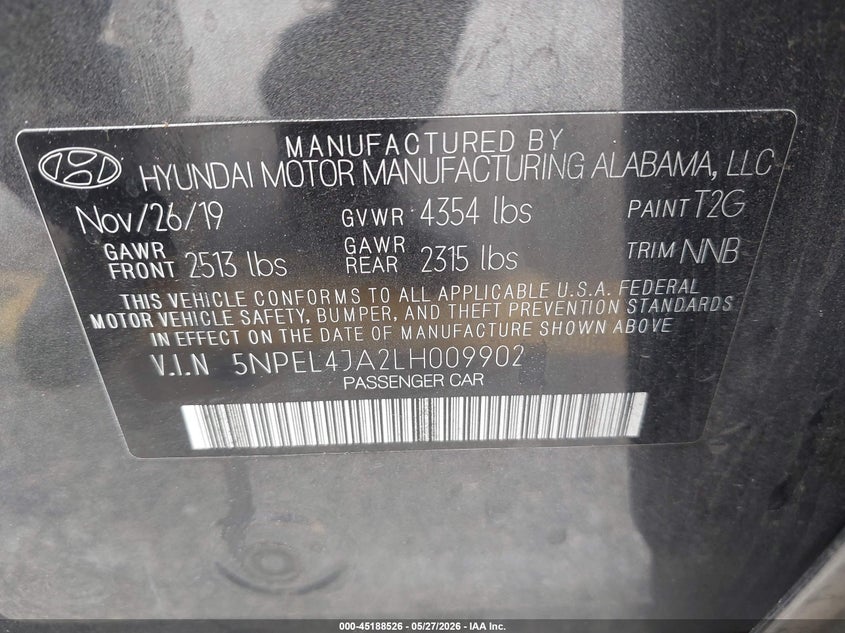 2020 Hyundai Sonata VIN 5NPEL4JA2LH009902 IAAI salvage auction — REAR END, Salvage Title, sold $4,800 on 2026-07-07 (photo 9)