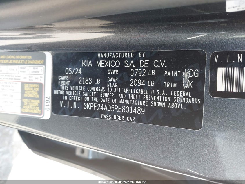 2024 Kia Forte VIN 3KPF24AD5RE801489 IAAI salvage auction — SIDE, Salvage Certificate (California), sold $3,450 on 2026-07-10 (photo 9)