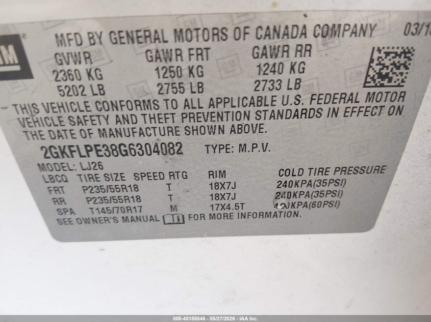 2016 Gmc Terrain VIN 2GKFLPE38G6304082 IAAI salvage auction — HAIL, Salvage Title, sold $1,175 on 2026-07-31 (photo 9)