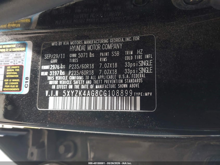 2012 Hyundai Santa fe VIN 5XYZK4AG8CG108899 IAAI salvage auction — REAR END, Salvage (Illinois), sold $825 on 2026-07-09 (photo 9)