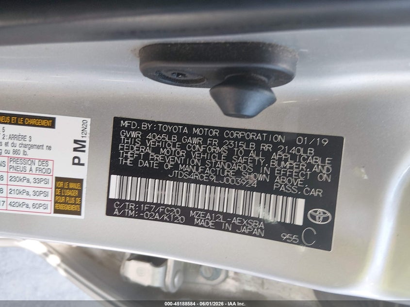 2020 Toyota Corolla VIN JTDS4RCE9LJ003924 IAAI salvage auction — HAIL, Salvage Title, sold $7,000 on 2026-07-14 (photo 9)