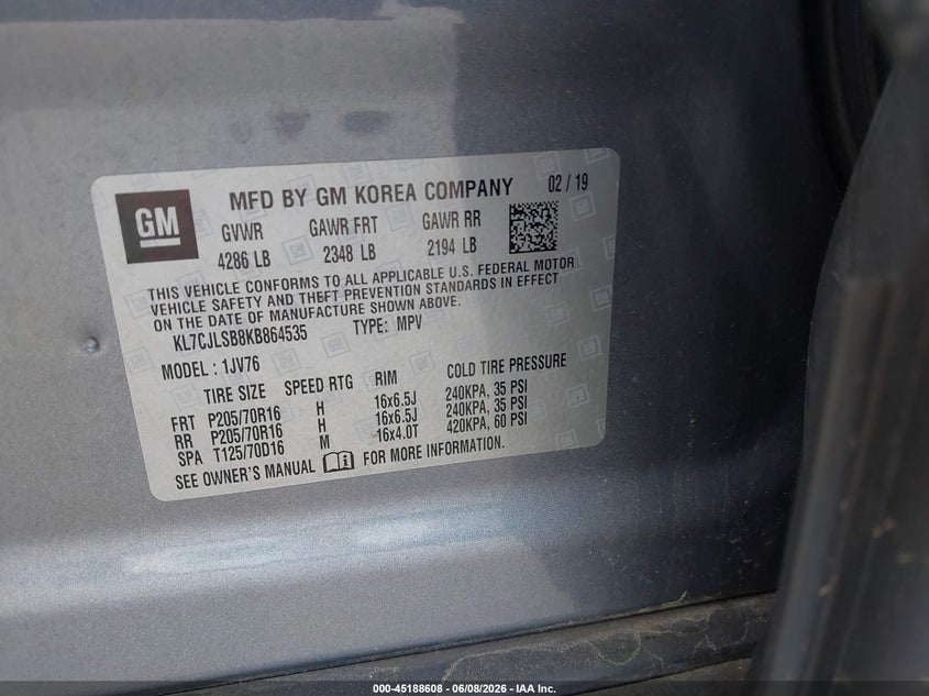 2019 Chevrolet Trax VIN KL7CJLSB8KB864535 IAAI salvage auction — RIGHT FRONT, Salvage (Ohio), sold $1,500 on 2026-07-28 (photo 9)