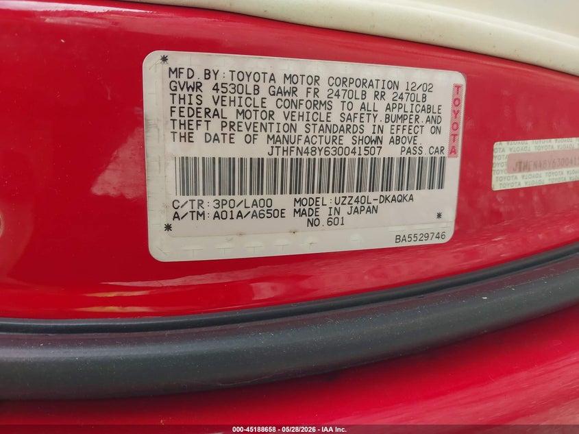 2003 Lexus Sc 430 VIN JTHFN48Y630041507 IAAI salvage auction — REAR END, Salvage (Georgia), sold $2,150 on 2026-07-10 (photo 9)