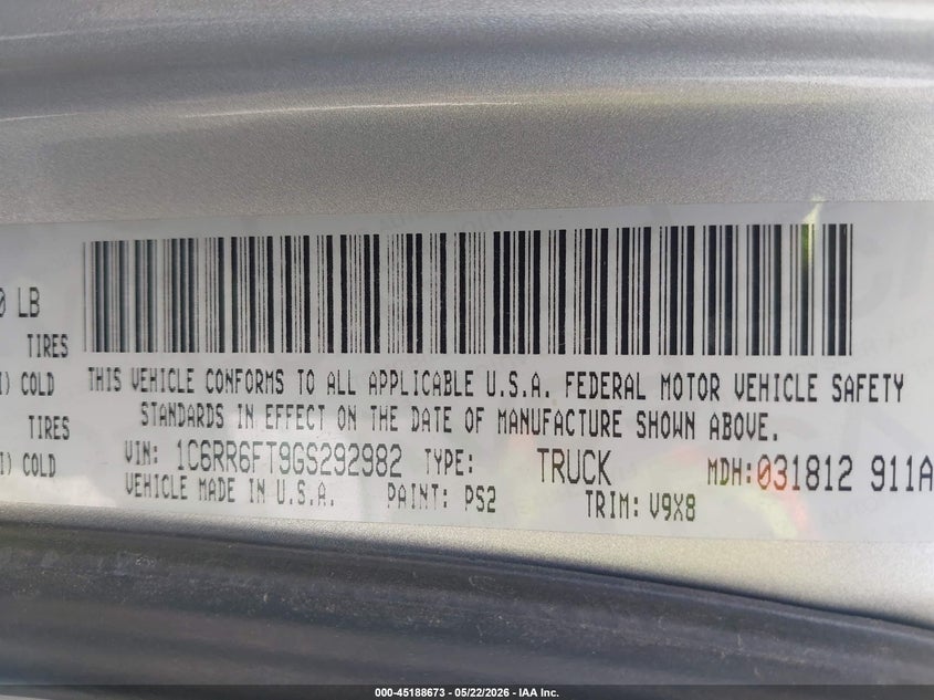 2016 Ram 1500 VIN 1C6RR6FT9GS292982 IAAI salvage auction — FRONT & REAR, Salvage Title, sold $5,975 on 2026-10-12 (photo 9)