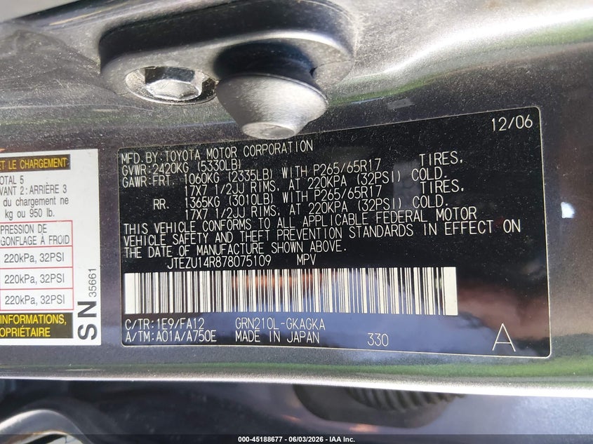 2007 Toyota 4runner VIN JTEZU14R878075109 IAAI salvage auction — FRONT END, Salvage (South Carolina), sold $1,650 on 2026-07-25 (photo 9)