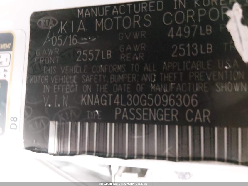 2016 Kia Optima VIN KNAGT4L30G5096306 IAAI salvage auction — REAR END, Salvage Title, sold $1,125 on 2026-07-22 (photo 9)