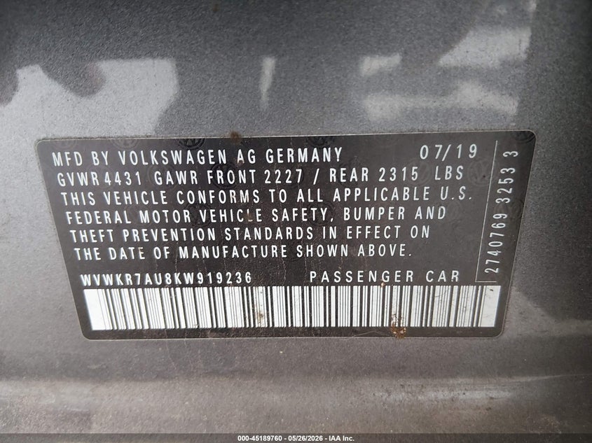 2019 Volkswagen E-golf VIN WVWKR7AU8KW919236 IAAI salvage auction — FRONT END, Bill Of Sale (Washington), sold $3,150 on 2026-07-23 (photo 9)