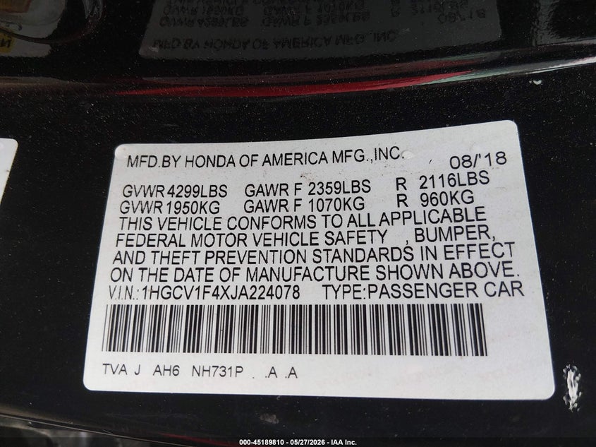 2018 Honda Accord VIN 1HGCV1F4XJA224078 IAAI salvage auction — HAIL, Salvage Title, sold $5,600 on 2026-07-17 (photo 9)