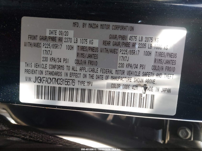 2021 Mazda Cx-5 VIN JM3KFACM7M0315676 IAAI salvage auction — FRONT END, Salvage (Texas), sold $3,150 on 2026-07-28 (photo 9)