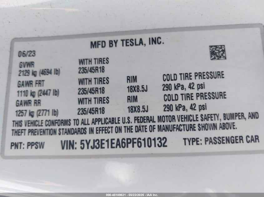 2023 Tesla Model 3 VIN 5YJ3E1EA6PF610132 IAAI salvage auction — SIDE, Salvage (California), sold $8,500 on 2026-07-16 (photo 9)