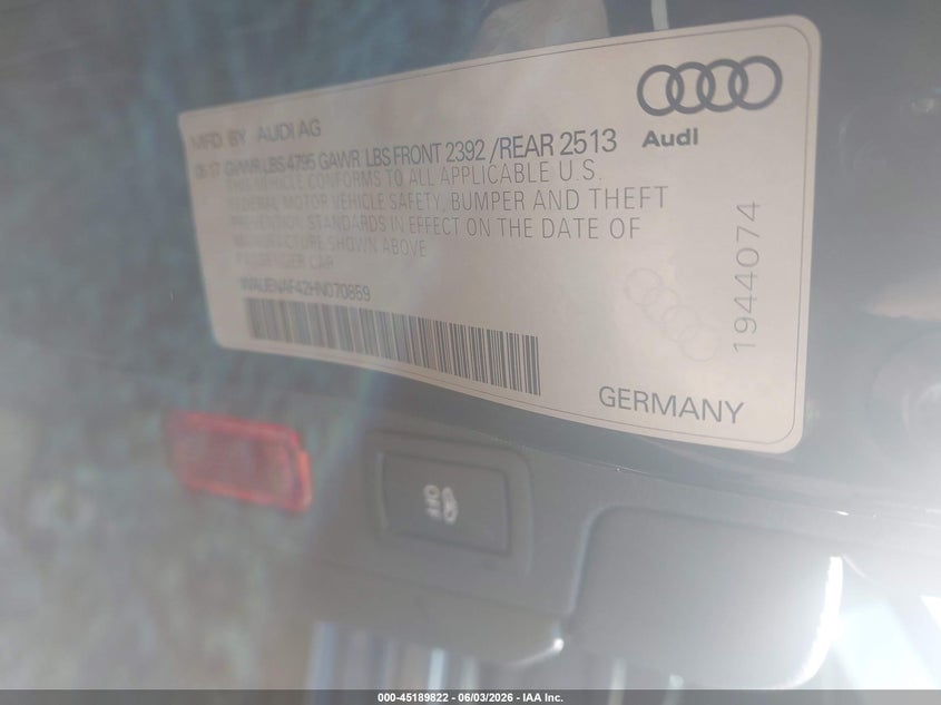 2017 Audi A4 VIN WAUENAF42HN070859 IAAI salvage auction — REAR END, Bill Of Sale (Washington), sold $5,350 on 2026-07-07 (photo 9)