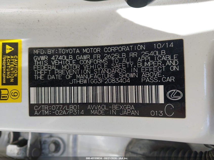 2015 Lexus VIN JTHBW1GG3F2083404 IAAI salvage auction — LEFT REAR, Salvage (California), sold $3,550 on 2026-07-08 (photo 9)