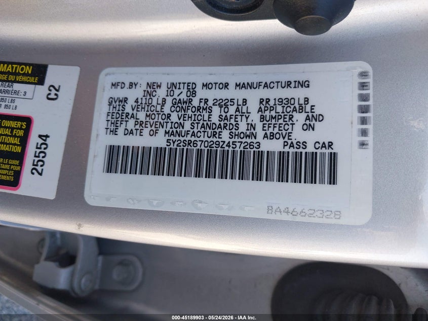 2009 Pontiac Vibe VIN 5Y2SR67029Z457263 IAAI salvage auction — HAIL, Clear (Missouri), sold $500 on 2026-07-13 (photo 9)