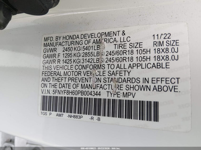 2023 Honda Passport VIN 5FNYF8H60PB004344 IAAI salvage auction — LEFT SIDE, Salvage (North Carolina), sold $12,300 on 2026-07-29 (photo 9)