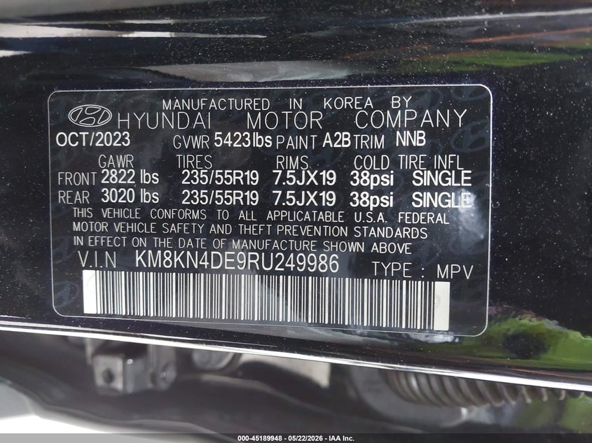 2024 Hyundai Ioniq 5 VIN KM8KN4DE9RU249986 IAAI salvage auction — LEFT REAR, Salvage (California), sold $10,500 on 2026-07-13 (photo 9)