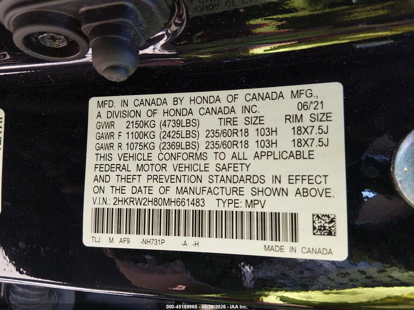 2021 Honda Cr-v VIN 2HKRW2H80MH661483 IAAI salvage auction — FRONT END, Salvage Title, sold $7,900 on 2026-07-09 (photo 9)