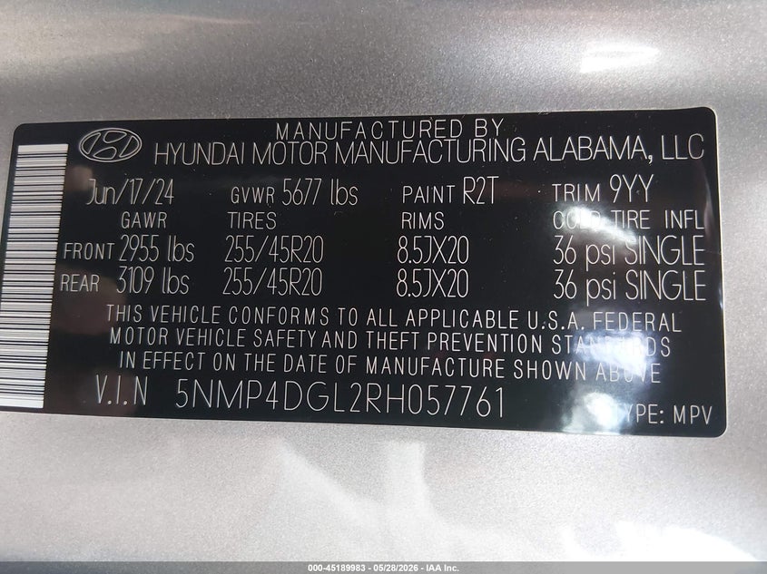 2024 Hyundai Santa fe VIN 5NMP4DGL2RH057761 IAAI salvage auction — FRONT & REAR, Salvage Title, sold $9,700 on 2026-07-29 (photo 9)