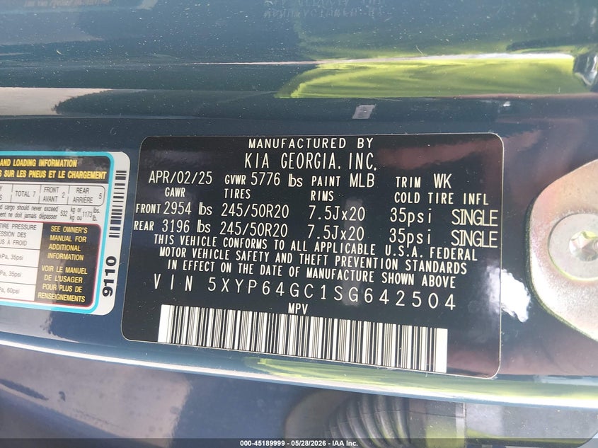 2025 Kia Telluride VIN 5XYP64GC1SG642504 IAAI salvage auction — RIGHT SIDE, Salvage Title, sold $14,300 on 2026-07-23 (photo 9)