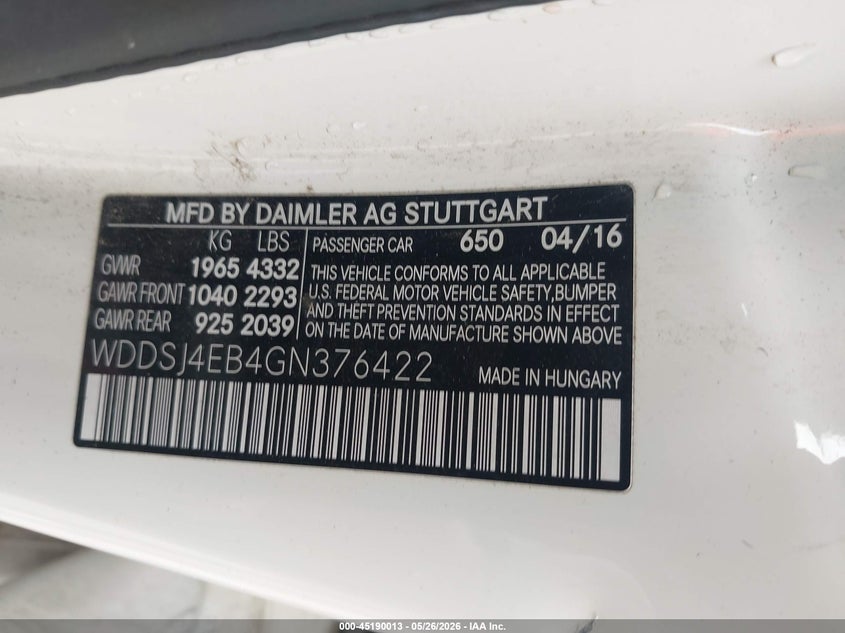 2016 Mercedes-benz Cla-klasse VIN WDDSJ4EB4GN376422 IAAI salvage auction — NORMAL WEAR, App For Dup Clear (California), sold $725 on 2026-07-28 (photo 9)