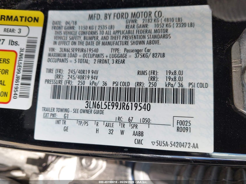 2018 Lincoln Mkz VIN 3LN6L5E99JR619540 IAAI salvage auction — FRONT END, Salvage Title, sold $525 on 2026-07-22 (photo 9)
