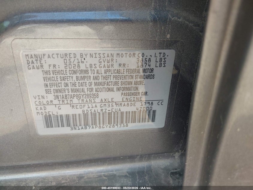 2016 Nissan Sentra VIN 3N1AB7AP8GY289358 IAAI salvage auction — FRONT END, Salvage (Texas), sold $1,050 on 2026-07-09 (photo 9)