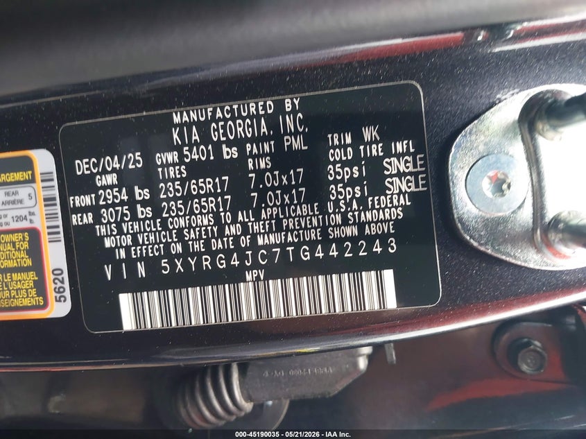 2026 Kia Sorento VIN 5XYRG4JC7TG442243 IAAI salvage auction — SIDE, Original (Texas), sold $10,750 on 2026-08-26 (photo 9)