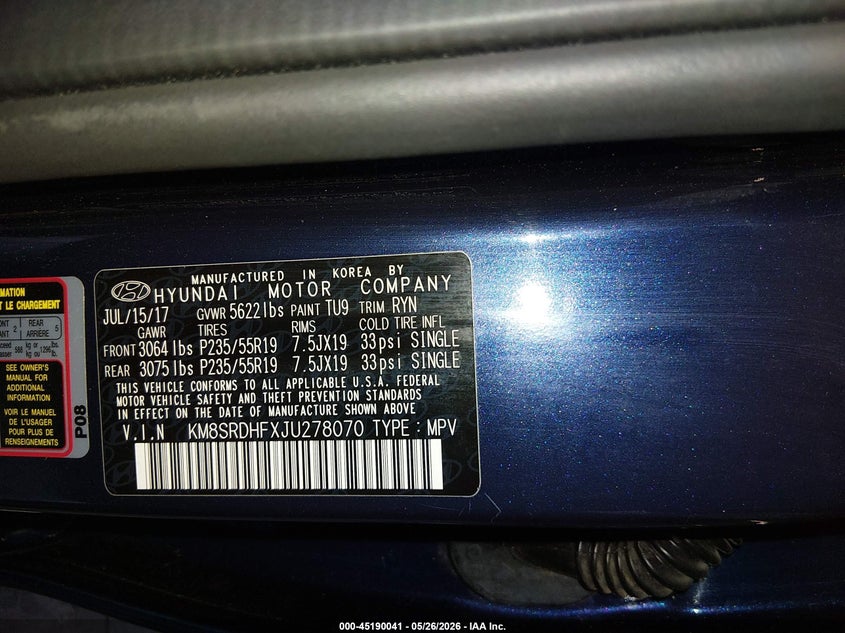 2018 Hyundai Santa fe VIN KM8SRDHFXJU278070 IAAI salvage auction — FRONT END, Salvage (Oregon), sold $2,400 on 2026-07-30 (photo 9)