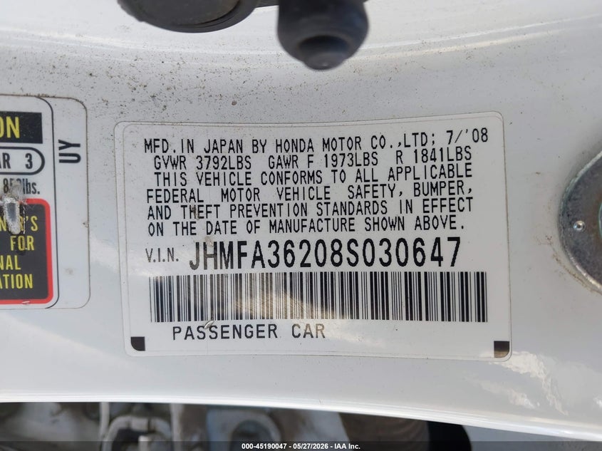 2008 Honda Civic hybrid VIN JHMFA36208S030647 IAAI salvage auction — LEFT SIDE, Salvage (New Mexico), sold $500 on 2026-07-29 (photo 9)