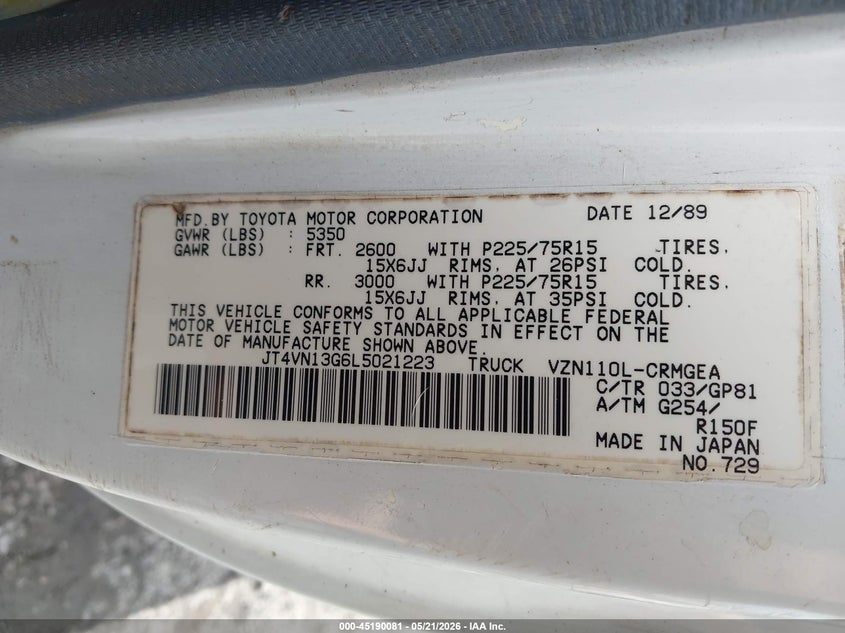 1990 Toyota Pickup VIN JT4VN13G6L5021223 IAAI salvage auction — FRONT END, Salvage (Hawaii), sold $3,200 on 2026-07-14 (photo 9)