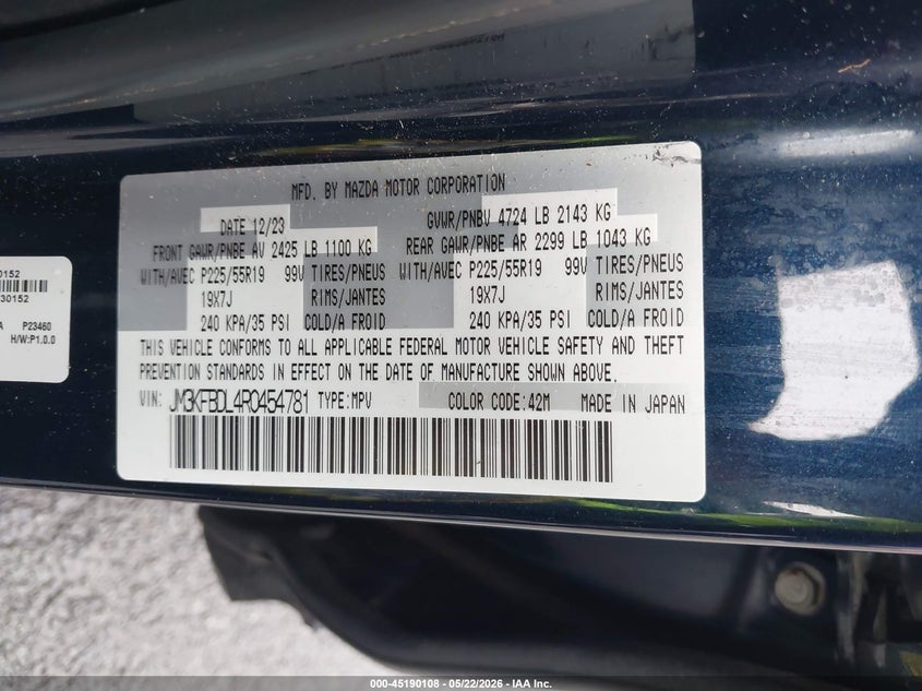 2024 Mazda Cx-5 VIN JM3KFBDL4R0454781 IAAI salvage auction — RIGHT FRONT, Salvage (North Carolina), sold $6,200 on 2026-07-13 (photo 9)