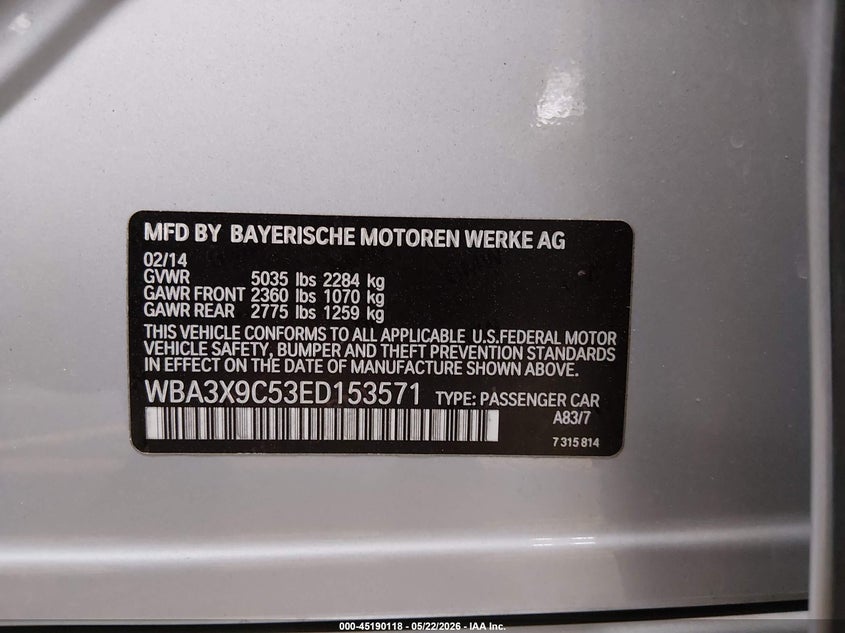 2014 BMW 3er VIN WBA3X9C53ED153571 IAAI salvage auction — REAR END, Salvage (Arizona), sold $2,850 on 2026-07-09 (photo 9)