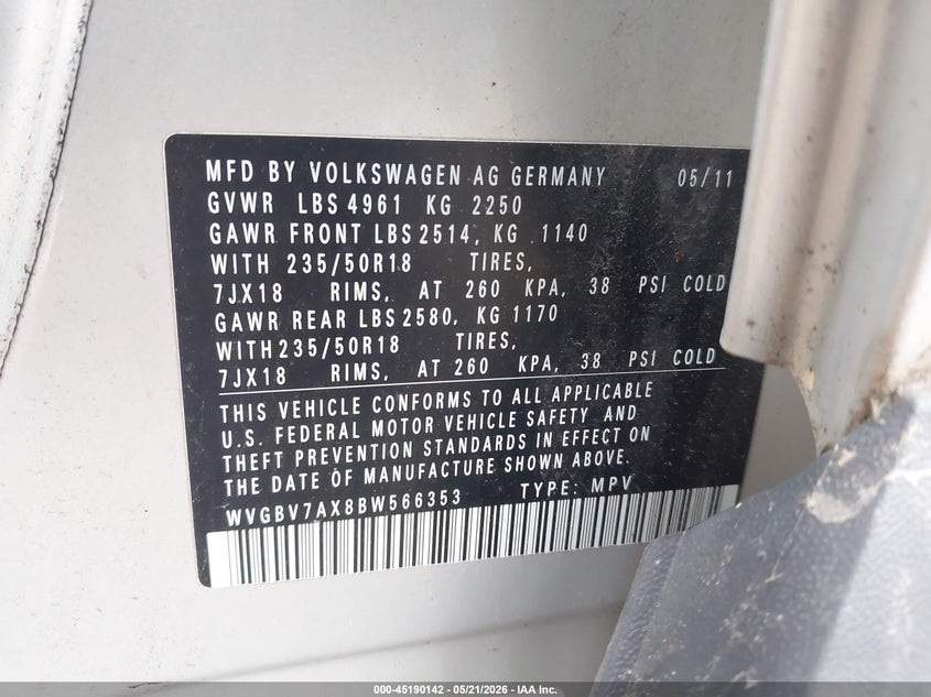 2011 Volkswagen Tiguan VIN WVGBV7AX8BW566353 IAAI salvage auction — NORMAL WEAR, Clear (Texas), sold $500 on 2026-07-14 (photo 9)