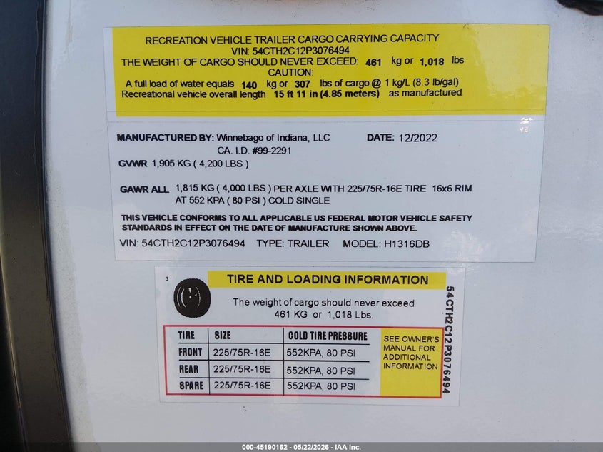 2023 Winnebago Other VIN 54CTH2C12P3076494 IAAI salvage auction — ROOF, Salvage (California), sold $3,500 on 2026-07-23 (photo 9)