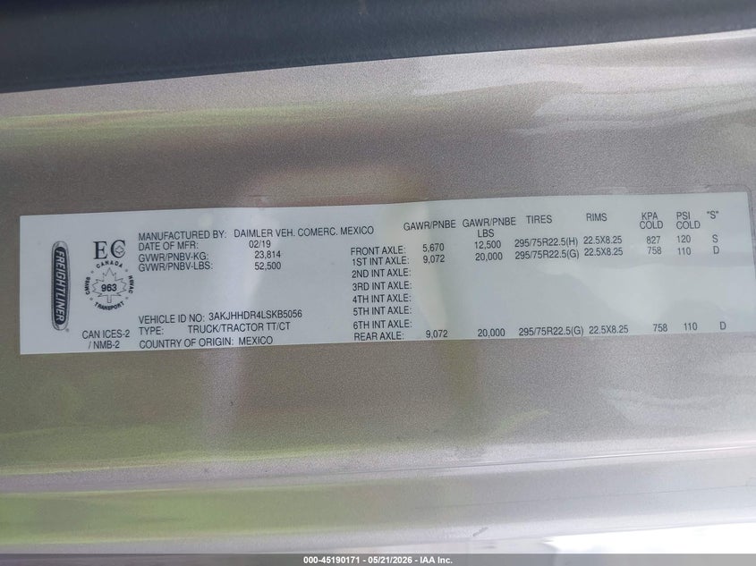2020 Freightliner New cascadia 126 VIN 3AKJHHDR4LSKB5056 IAAI salvage auction — FRONT END, Salvage (Alabama), sold $10,500 on 2026-09-16 (photo 8)
