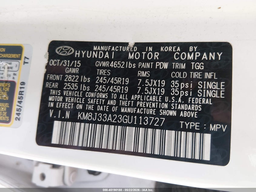 2016 Hyundai Tucson VIN KM8J33A23GU113727 IAAI salvage auction — LEFT FRONT, Salvage (Louisiana), sold $2,000 on 2026-07-20 (photo 9)