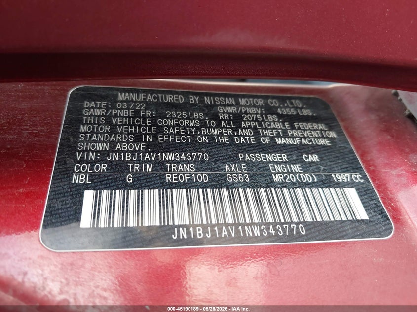 2022 Nissan Rogue VIN JN1BJ1AV1NW343770 IAAI salvage auction — REAR END, Salvage Title, sold $2,850 on 2026-07-20 (photo 9)