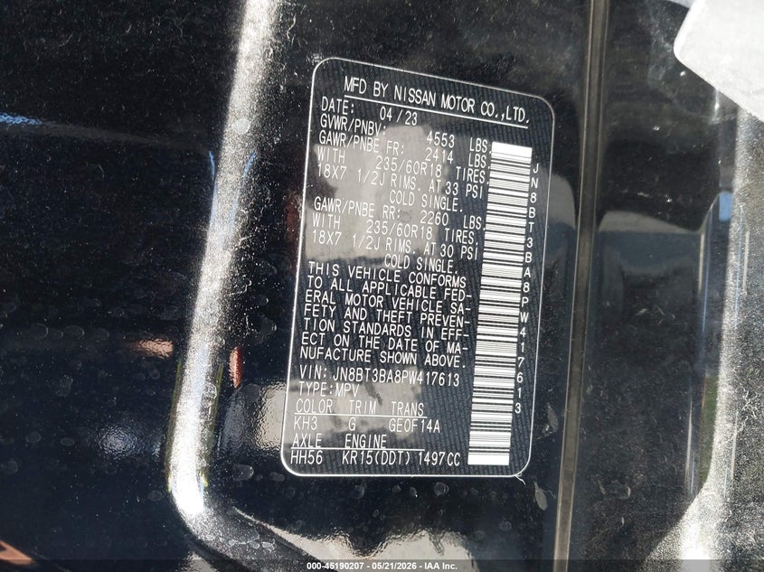 2023 Nissan Rogue VIN JN8BT3BA8PW417613 IAAI salvage auction — FRONT END, Salvage (California), sold $4,550 on 2026-07-22 (photo 9)