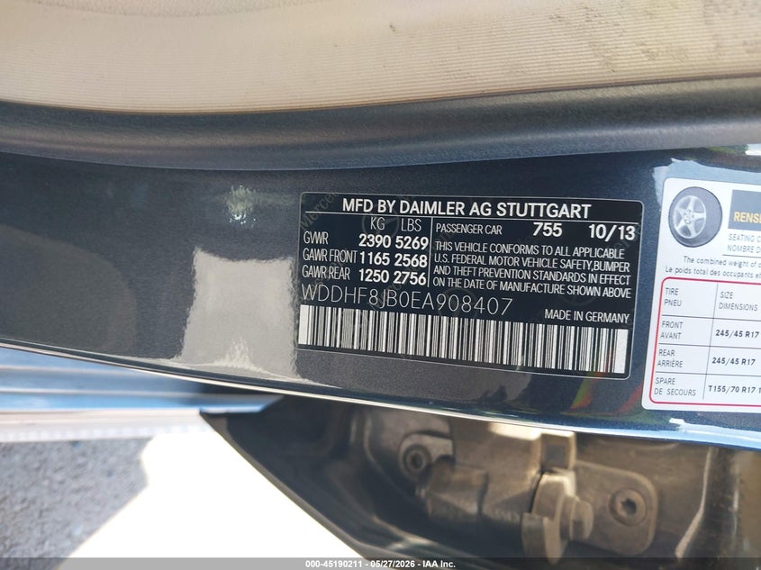 2014 Mercedes-benz E-klasse VIN WDDHF8JB0EA908407 IAAI salvage auction — REAR END, Salvage Title, sold $5,600 on 2026-08-04 (photo 9)
