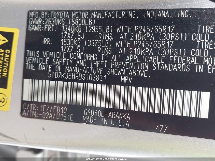 2013 Toyota Highlander VIN 5TDZK3EH8DS102831 IAAI salvage auction — HAIL, Original (Texas), sold $2,275 on 2026-07-20 (photo 9)
