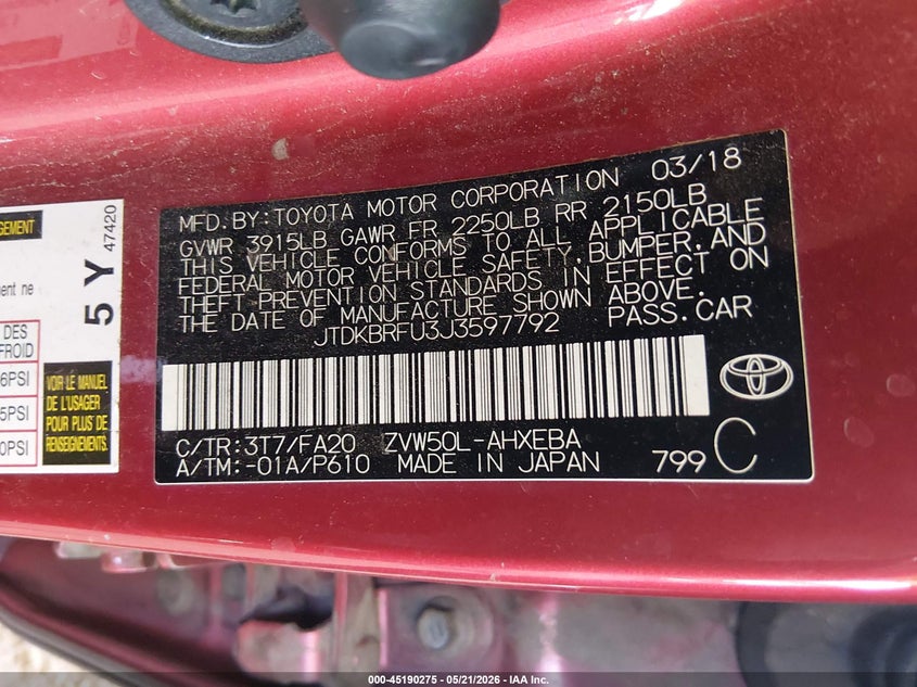 2018 Toyota Prius VIN JTDKBRFU3J3597792 IAAI salvage auction — FRONT END, Salvage (Arizona), sold $1,650 on 2026-07-28 (photo 9)