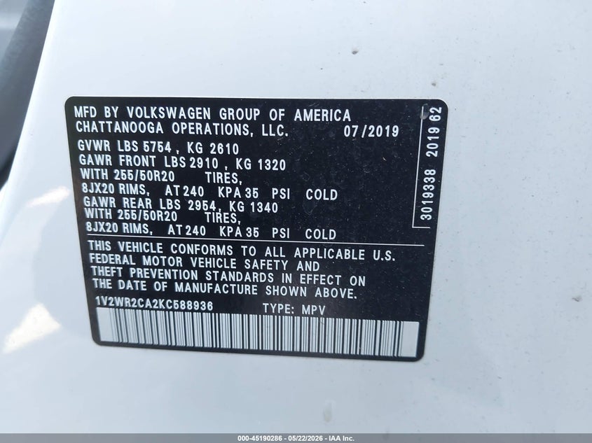 2019 Volkswagen Atlas VIN 1V2WR2CA2KC588936 IAAI salvage auction — ELECTRICAL, Salvage (California), sold $8,200 on 2026-09-23 (photo 9)