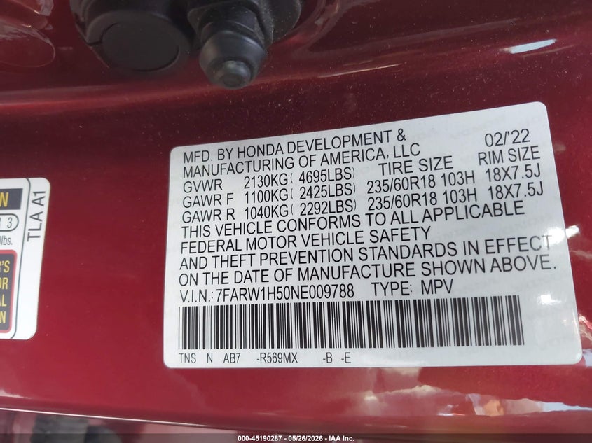 2022 Honda Cr-v VIN 7FARW1H50NE009788 IAAI salvage auction — HAIL, Original (Texas), sold $14,100 on 2026-07-07 (photo 9)